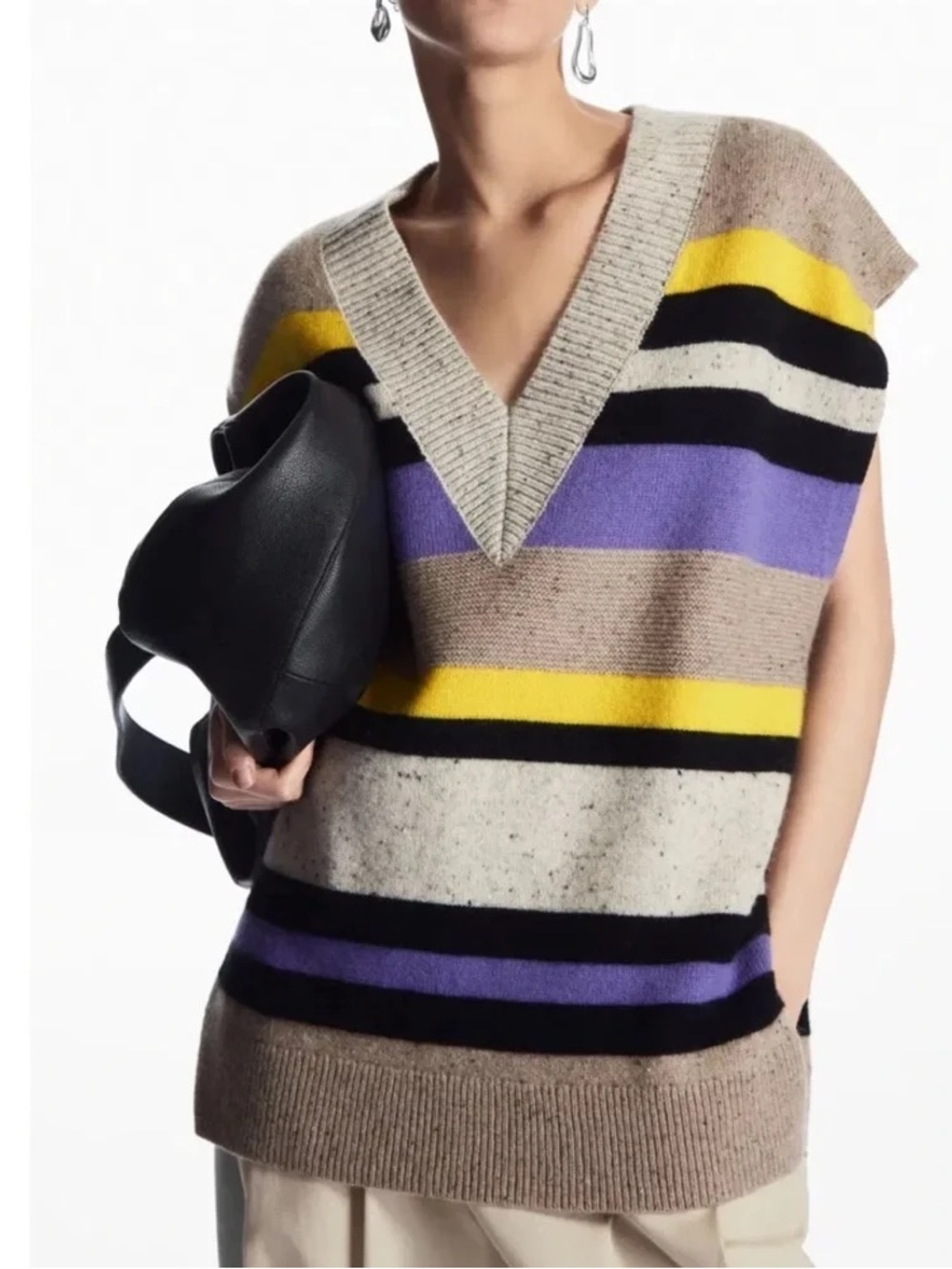 COS Multicolor Striped Pure Wool Sweater Vest V-Neck Ribbed Sz M Great Condition
